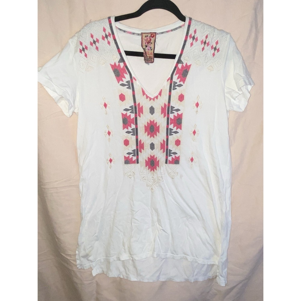 JWLA JOHNNY WAS Size S Southwestern Embroidered Short-sleeve V-neck Tunic Tee